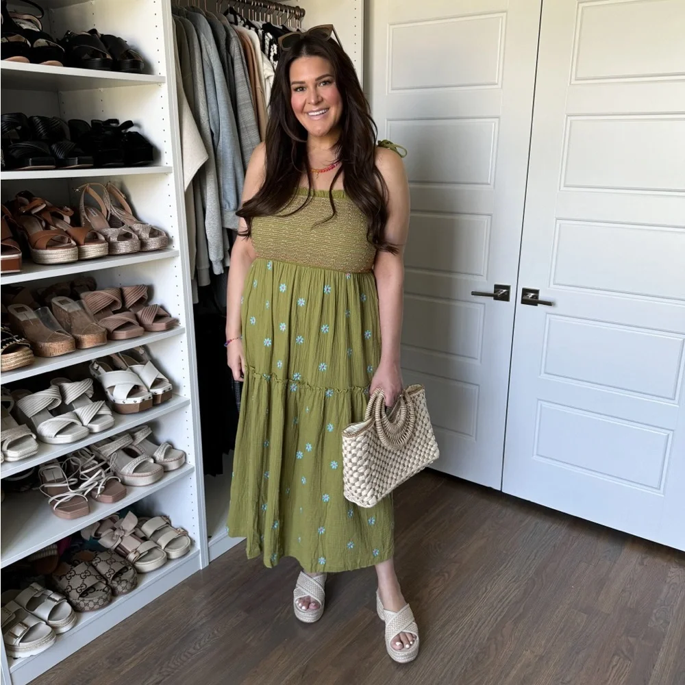 Smocked Tiered Midi Dress in Olive Green - Picture 2 of 10